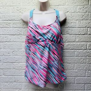 ZEROXPOSUR Sz 16 Light Pink & Blue Striped Tankini Swim Top Empire Waist • VGUC‼